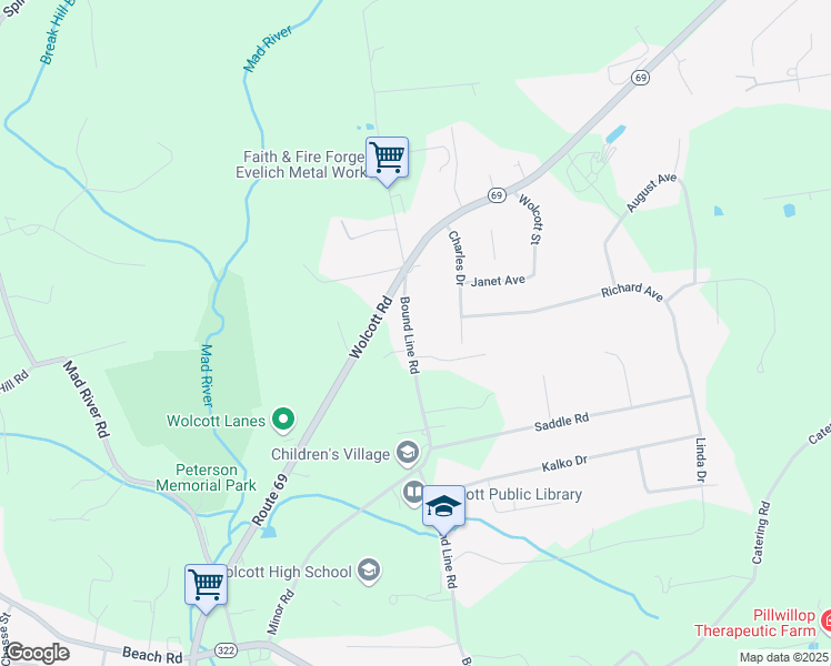 map of restaurants, bars, coffee shops, grocery stores, and more near 634 Bound Line Road in Wolcott