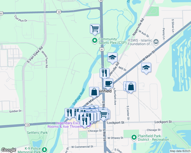 map of restaurants, bars, coffee shops, grocery stores, and more near 14725 South Penn Road in Plainfield