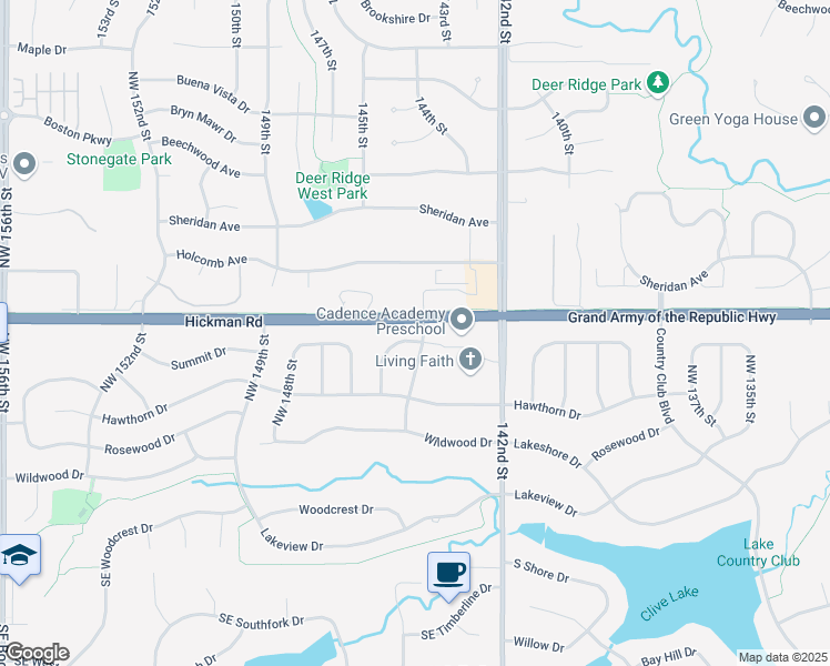 map of restaurants, bars, coffee shops, grocery stores, and more near 14347 Summit Drive in Clive