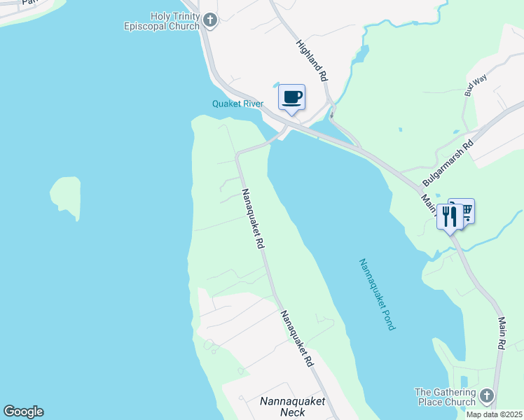 map of restaurants, bars, coffee shops, grocery stores, and more near 148 Nanaquaket Road in Tiverton