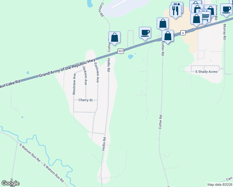 map of restaurants, bars, coffee shops, grocery stores, and more near 10714-11098 Hollis Road in Meadville