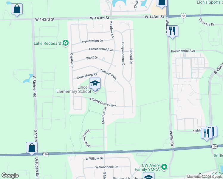 map of restaurants, bars, coffee shops, grocery stores, and more near 25148 Constitution Court in Plainfield
