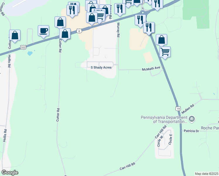 map of restaurants, bars, coffee shops, grocery stores, and more near 10733 Murray Road in Meadville