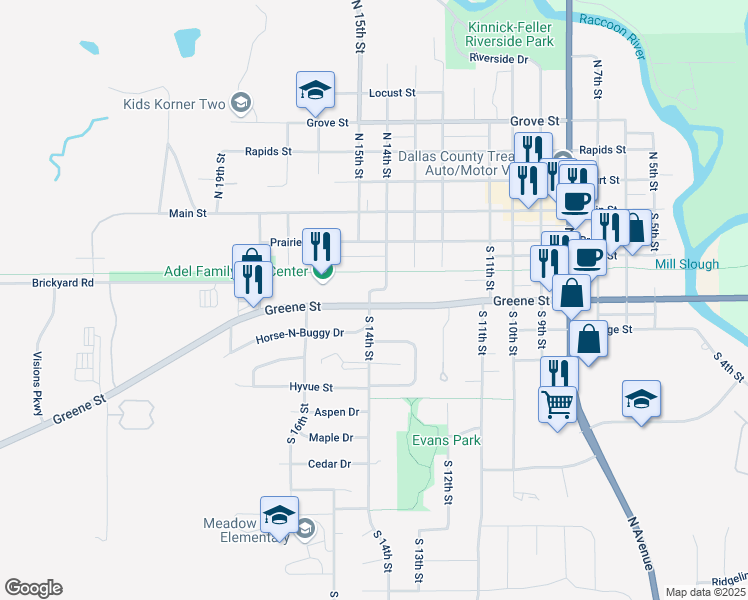 map of restaurants, bars, coffee shops, grocery stores, and more near 1320 Greene Street in Adel