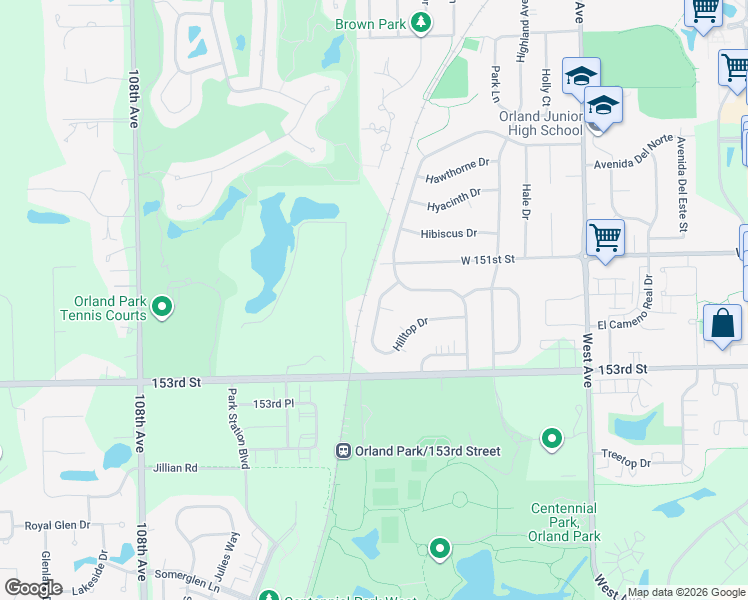 map of restaurants, bars, coffee shops, grocery stores, and more near 15144 Hilltop Drive in Orland Park