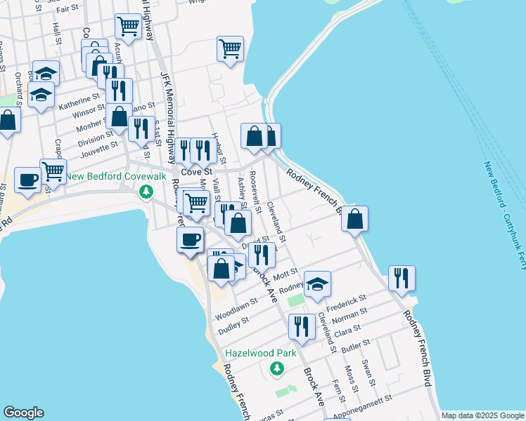 map of restaurants, bars, coffee shops, grocery stores, and more near 40 Roosevelt Street in New Bedford