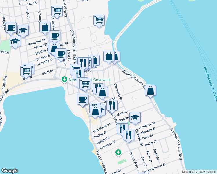 map of restaurants, bars, coffee shops, grocery stores, and more near 40 Roosevelt Street in New Bedford
