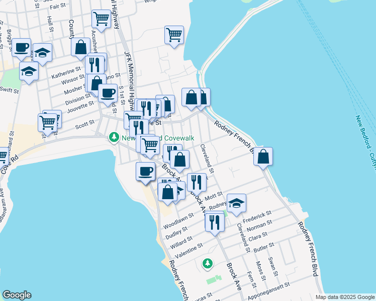 map of restaurants, bars, coffee shops, grocery stores, and more near 85-89 Ruth Street in New Bedford