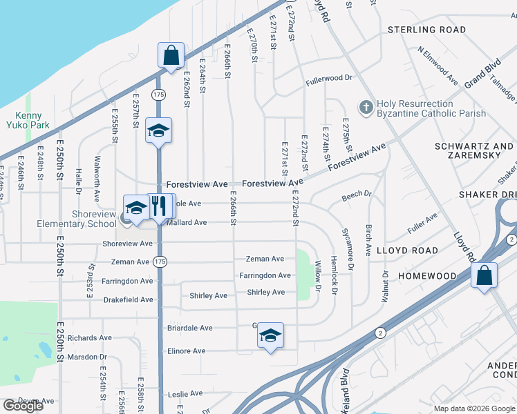 map of restaurants, bars, coffee shops, grocery stores, and more near 26986 Oriole Avenue in Euclid