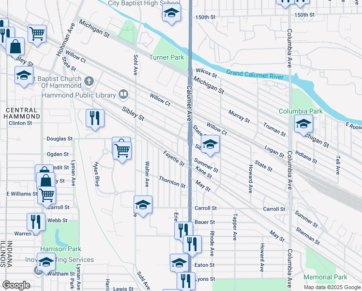 map of restaurants, bars, coffee shops, grocery stores, and more near 5415 Wood Avenue in Hammond
