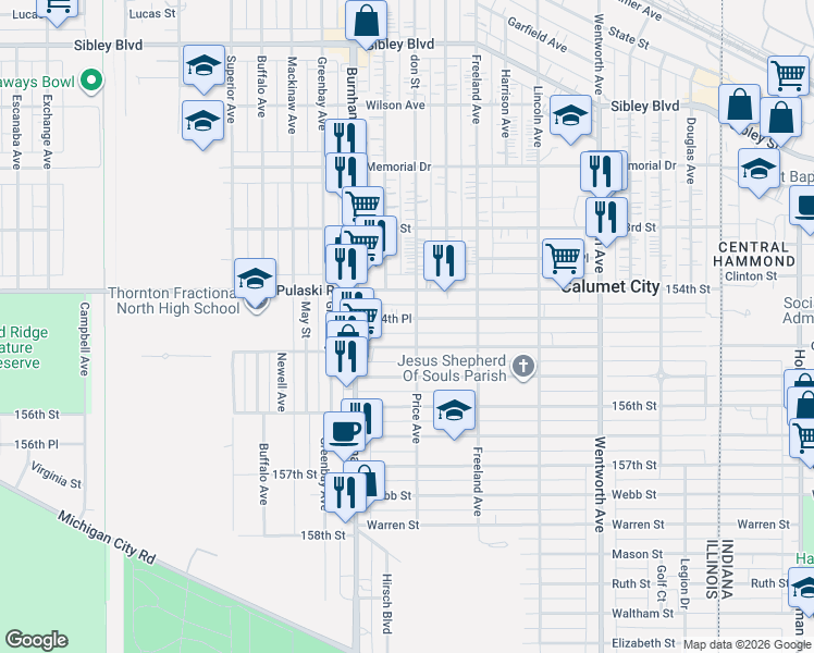 map of restaurants, bars, coffee shops, grocery stores, and more near 447 154th Place in Calumet City