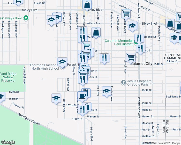 map of restaurants, bars, coffee shops, grocery stores, and more near 525 154th Place in Calumet City