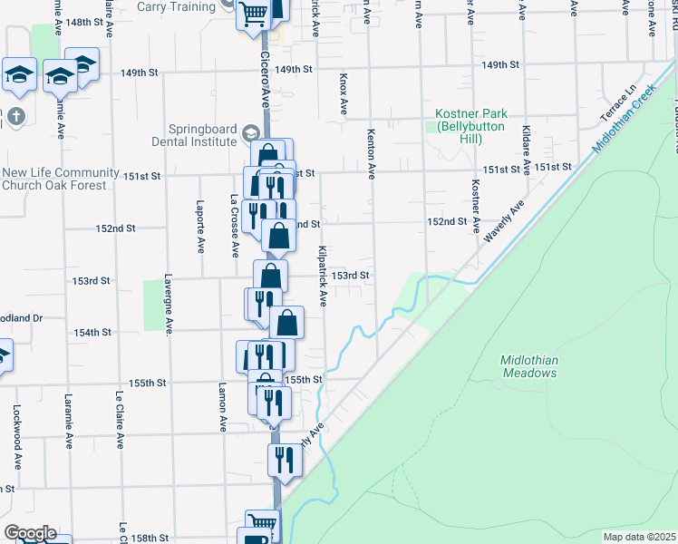 map of restaurants, bars, coffee shops, grocery stores, and more near 4640 153rd Street in Oak Forest