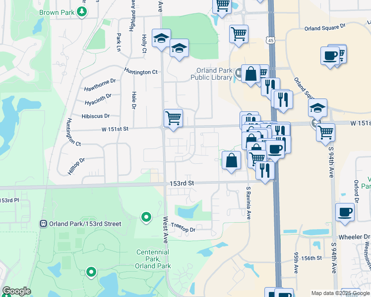 map of restaurants, bars, coffee shops, grocery stores, and more near 9955 Franchesca Court in Orland Park