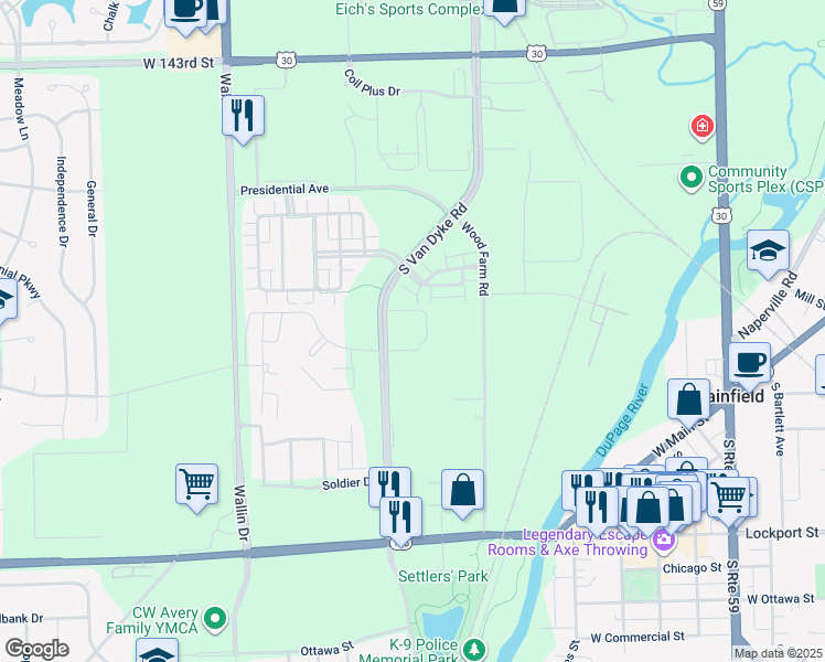 map of restaurants, bars, coffee shops, grocery stores, and more near 14800 South Van Dyke Road in Plainfield