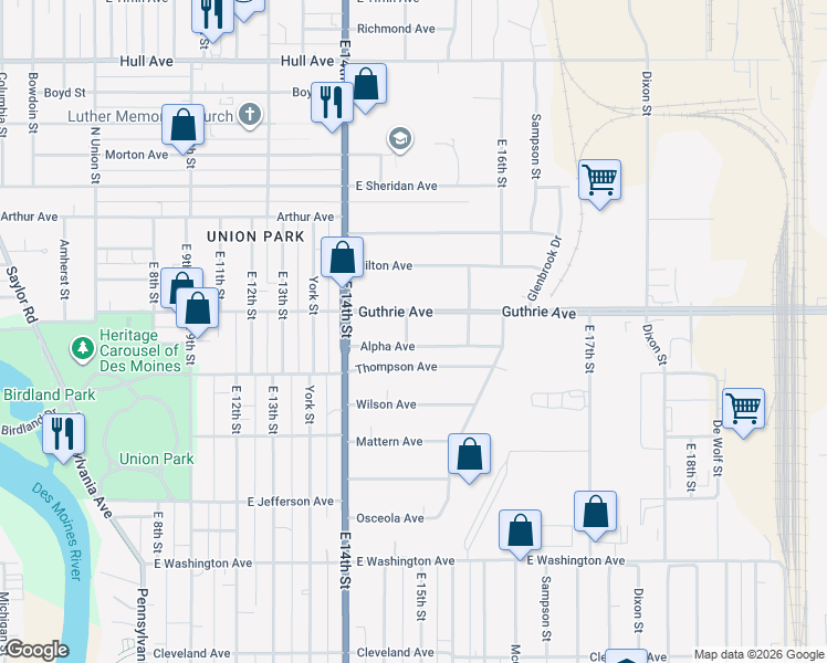 map of restaurants, bars, coffee shops, grocery stores, and more near 2210 East 15th Street in Des Moines