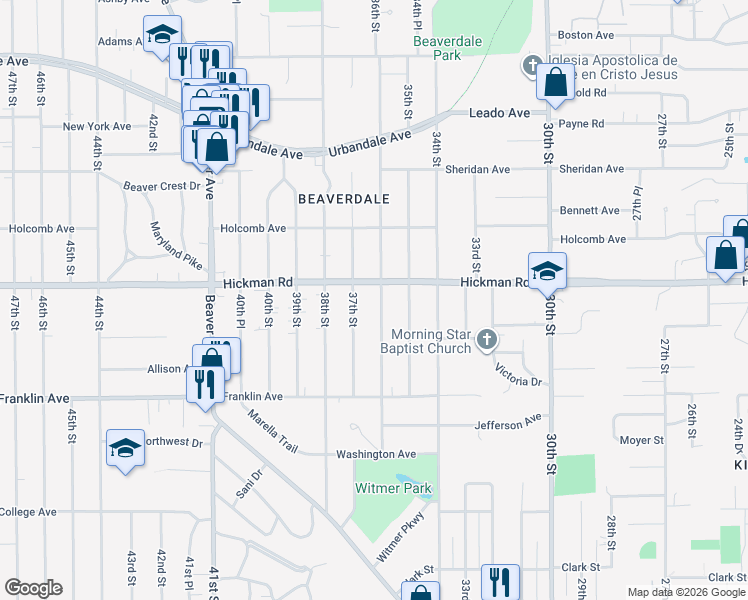 map of restaurants, bars, coffee shops, grocery stores, and more near 2214 36th Street in Des Moines