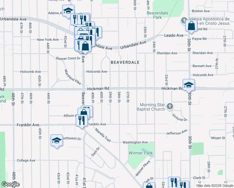 map of restaurants, bars, coffee shops, grocery stores, and more near 2211 39th Street in Des Moines