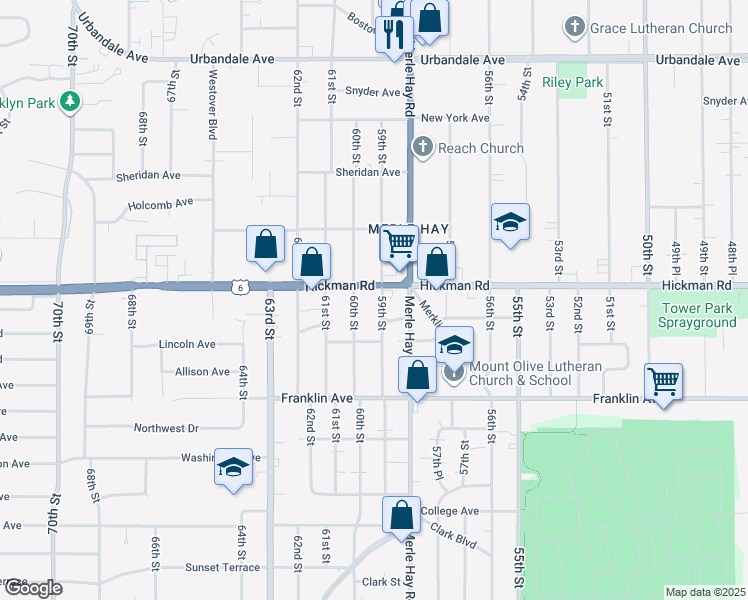 map of restaurants, bars, coffee shops, grocery stores, and more near 5902 Hickman Road in Des Moines