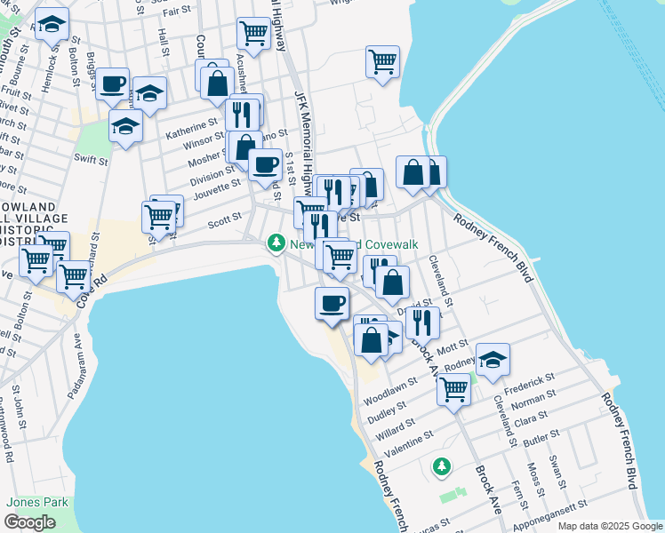map of restaurants, bars, coffee shops, grocery stores, and more near 9 Harmony Street in New Bedford