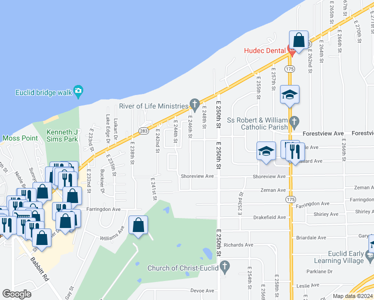 map of restaurants, bars, coffee shops, grocery stores, and more near 296 East 246th Street in Euclid