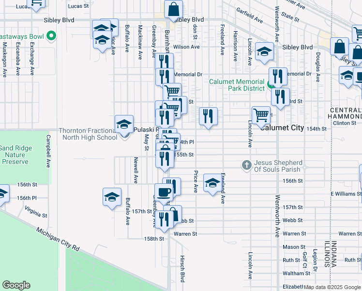map of restaurants, bars, coffee shops, grocery stores, and more near 525 154th Place in Calumet City
