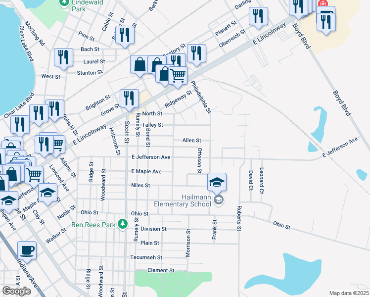 map of restaurants, bars, coffee shops, grocery stores, and more near 512 Woodson Street in La Porte
