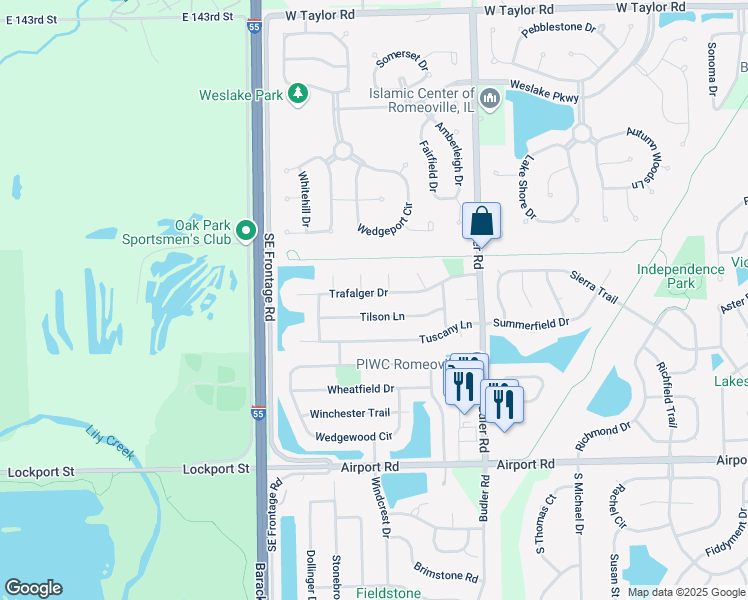 map of restaurants, bars, coffee shops, grocery stores, and more near 1981 Trafalger Drive in Romeoville