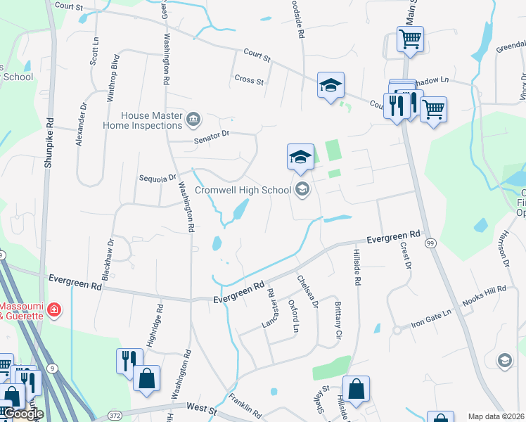 map of restaurants, bars, coffee shops, grocery stores, and more near 9 Shady Lane in Cromwell