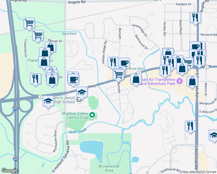 map of restaurants, bars, coffee shops, grocery stores, and more near 5702 Bernath Court in Toledo