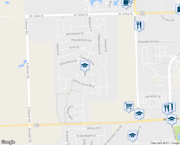 map of restaurants, bars, coffee shops, grocery stores, and more near 25148 Constitution Court in Plainfield