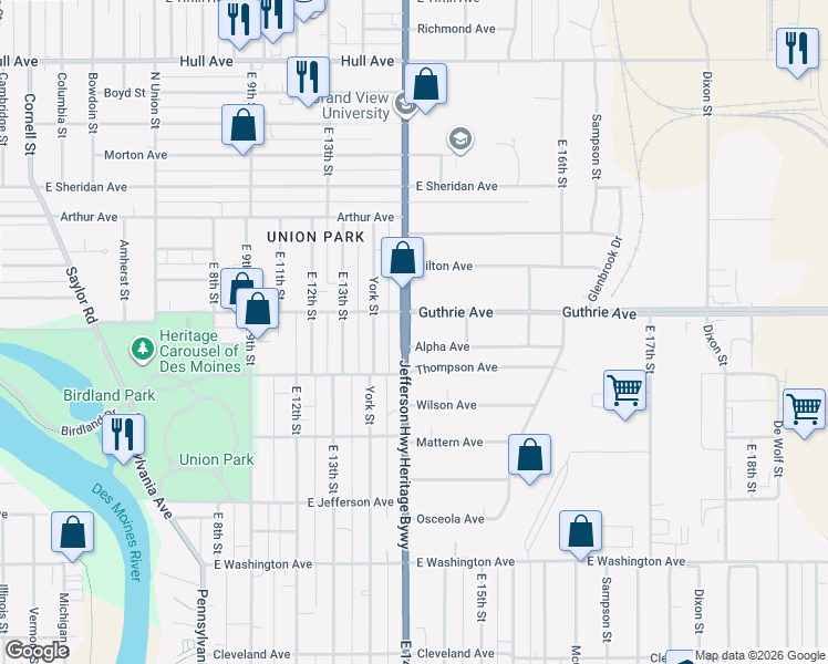 map of restaurants, bars, coffee shops, grocery stores, and more near 2211 East 14th Street in Des Moines
