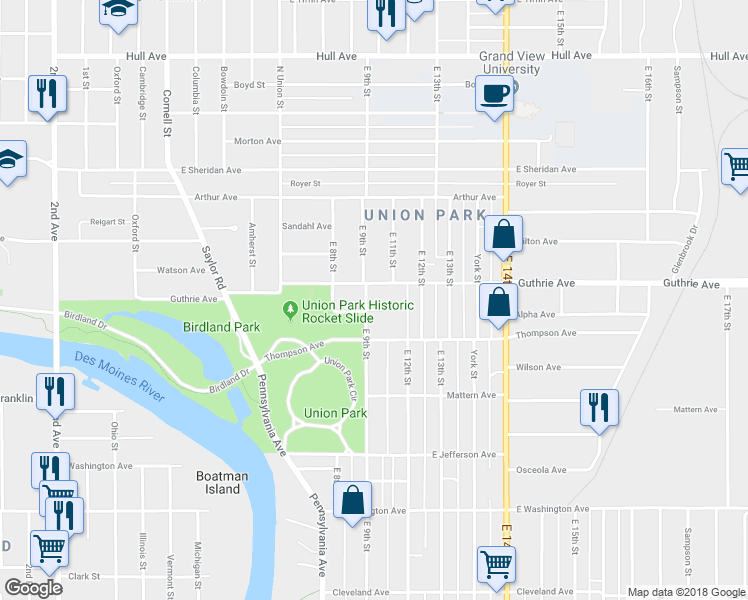map of restaurants, bars, coffee shops, grocery stores, and more near 2209 East 9th Street in Des Moines