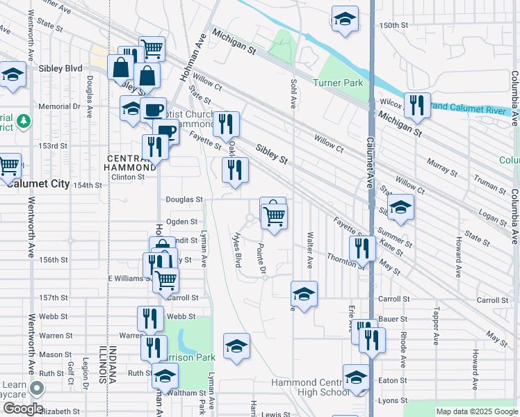 map of restaurants, bars, coffee shops, grocery stores, and more near 520 Douglas Street in Hammond