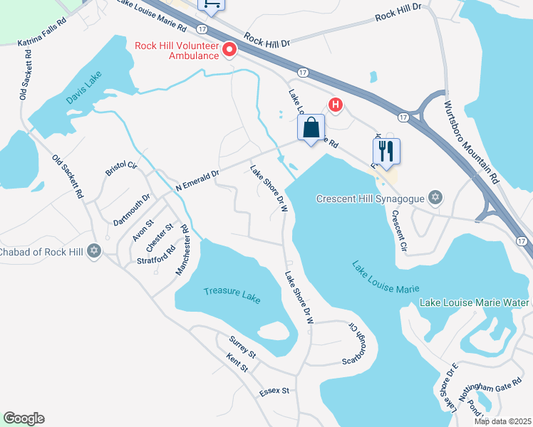 map of restaurants, bars, coffee shops, grocery stores, and more near 18 Lakeview Court in Rock Hill