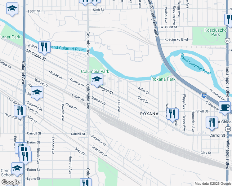 map of restaurants, bars, coffee shops, grocery stores, and more near 1329 Michigan Street in Hammond