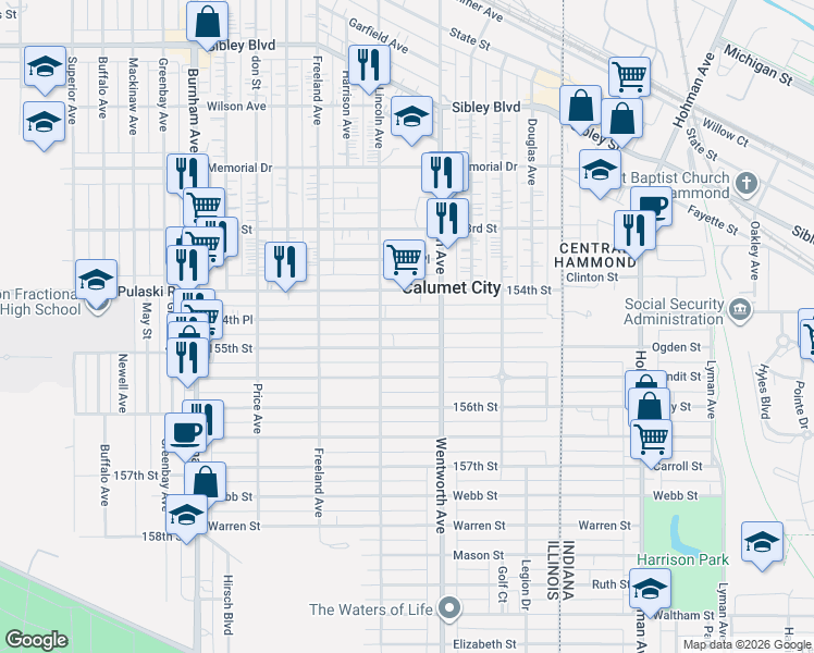 map of restaurants, bars, coffee shops, grocery stores, and more near 219 154th Place in Calumet City