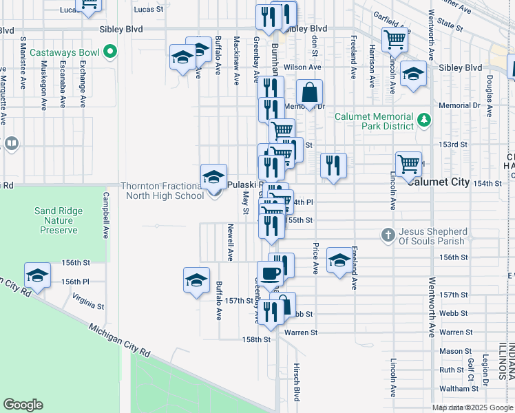 map of restaurants, bars, coffee shops, grocery stores, and more near 722 May Street in Calumet City