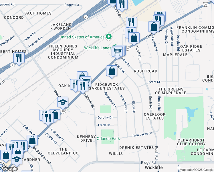 map of restaurants, bars, coffee shops, grocery stores, and more near 1565 Ridgewick Drive in Wickliffe
