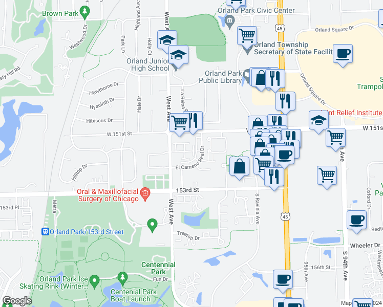 map of restaurants, bars, coffee shops, grocery stores, and more near 9955 Franchesca Court in Orland Park