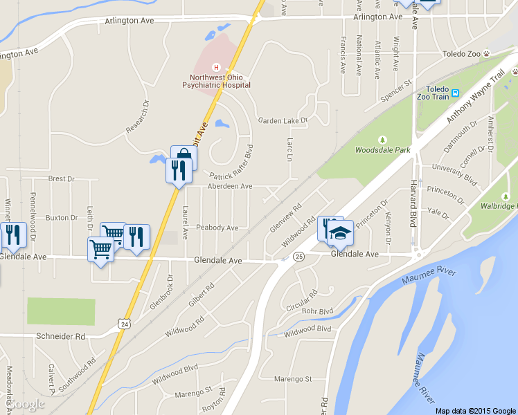map of restaurants, bars, coffee shops, grocery stores, and more near 1381 Opal St in Toledo