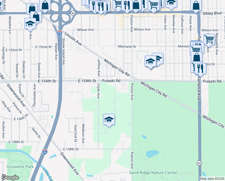 map of restaurants, bars, coffee shops, grocery stores, and more near 15434 Merrill Avenue in South Holland