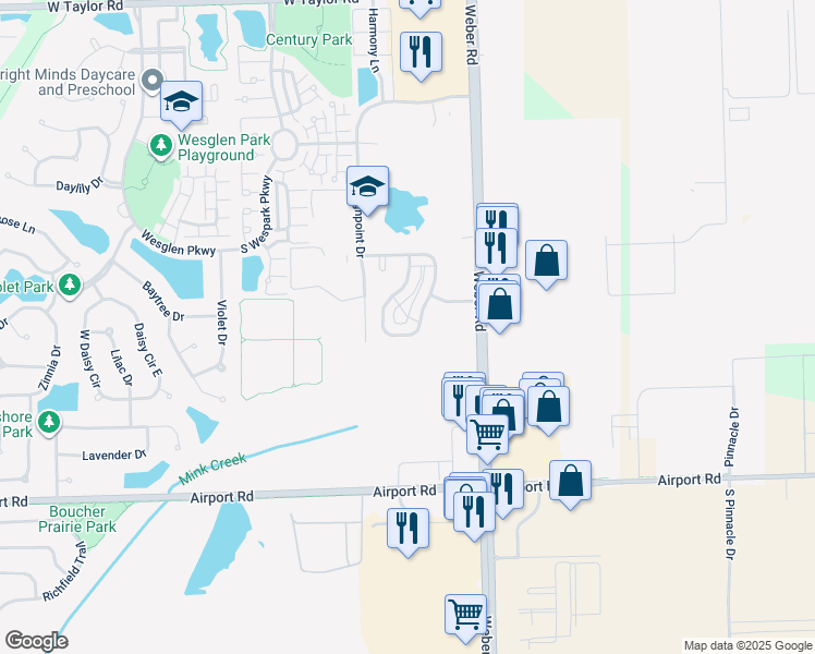 map of restaurants, bars, coffee shops, grocery stores, and more near 287 South Oak Creek Lane in Romeoville