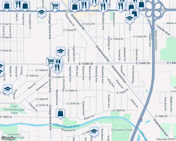 map of restaurants, bars, coffee shops, grocery stores, and more near 15422 Minerva Ave in Dolton