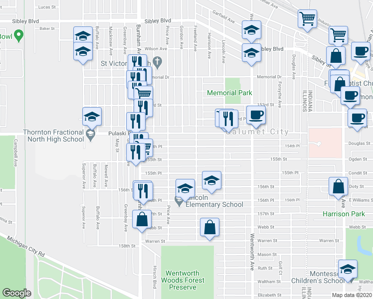 map of restaurants, bars, coffee shops, grocery stores, and more near 415 154th Place in Calumet City