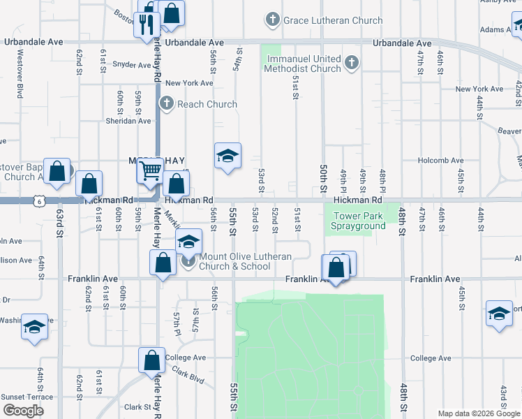 map of restaurants, bars, coffee shops, grocery stores, and more near 2217 53rd Street in Des Moines