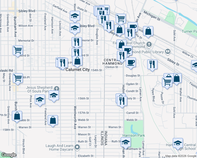 map of restaurants, bars, coffee shops, grocery stores, and more near 25 154th Place in Calumet City