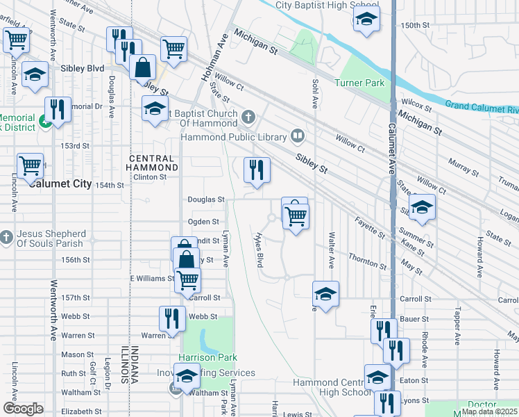 map of restaurants, bars, coffee shops, grocery stores, and more near A-2 Douglas Street in Hammond
