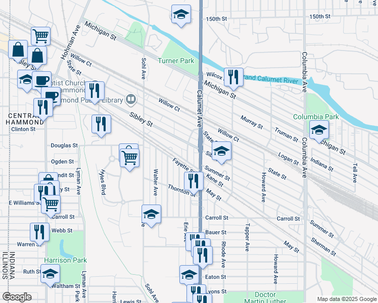 map of restaurants, bars, coffee shops, grocery stores, and more near 5415 Wood Avenue in Hammond