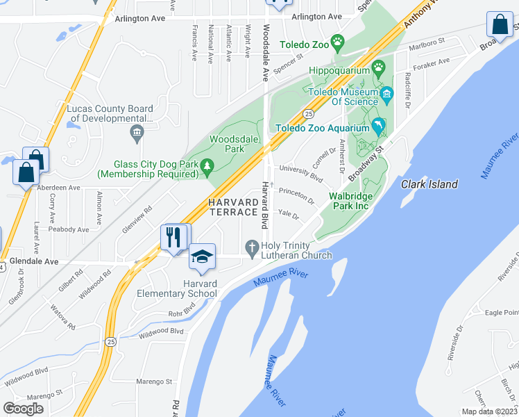 map of restaurants, bars, coffee shops, grocery stores, and more near 1330 Harvard Boulevard in Toledo